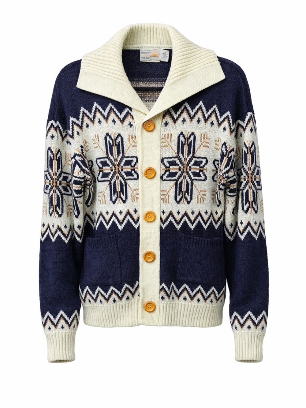Vintage 80S Nordic Cardigan Sweater Men's Large, Snowflake Shawl Collar Grandpa